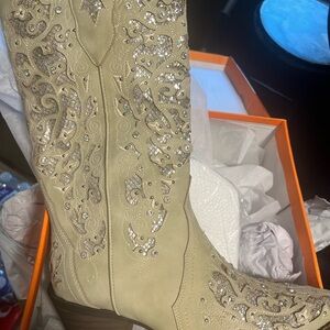 Elegant Embellished Cream Heeled Boots